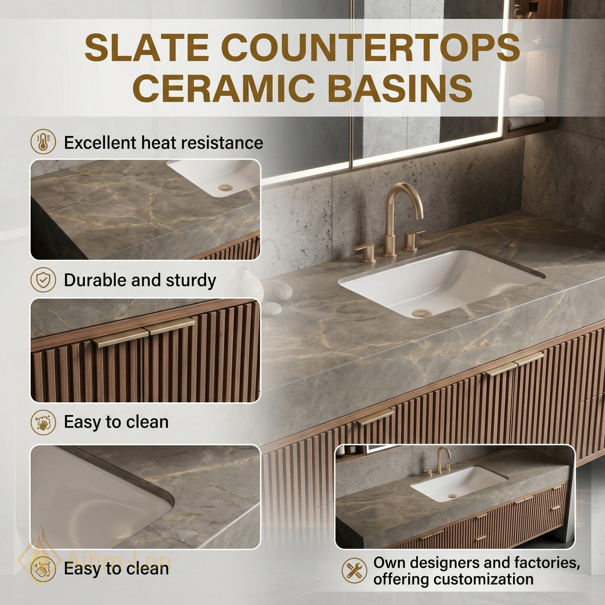 60''-96'' Bathroom Vanity with Sink Modern Floating Grey Stone Top Ribbed Slats
