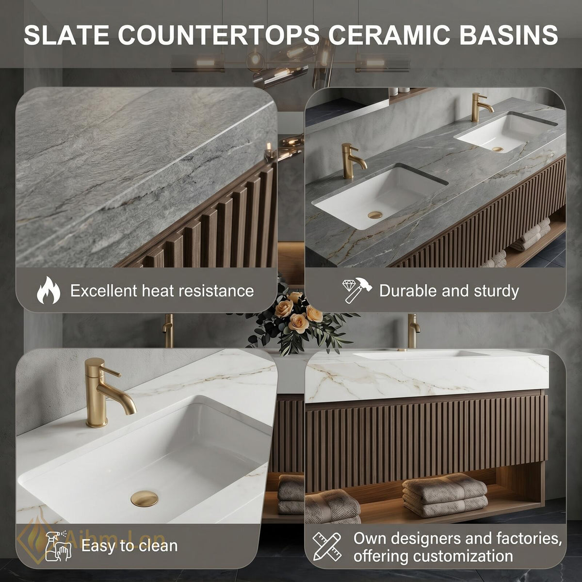 60''-96'' Double Bathroom Vanity with Sink Modern Floating Warm Wood Slatted Panel