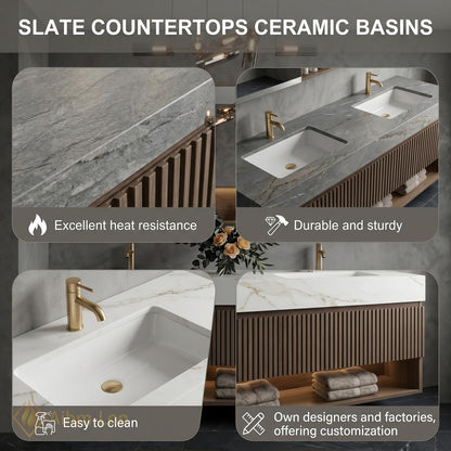 60''-96'' Double Bathroom Vanity with Sink Modern Floating Warm Wood Slatted Panel