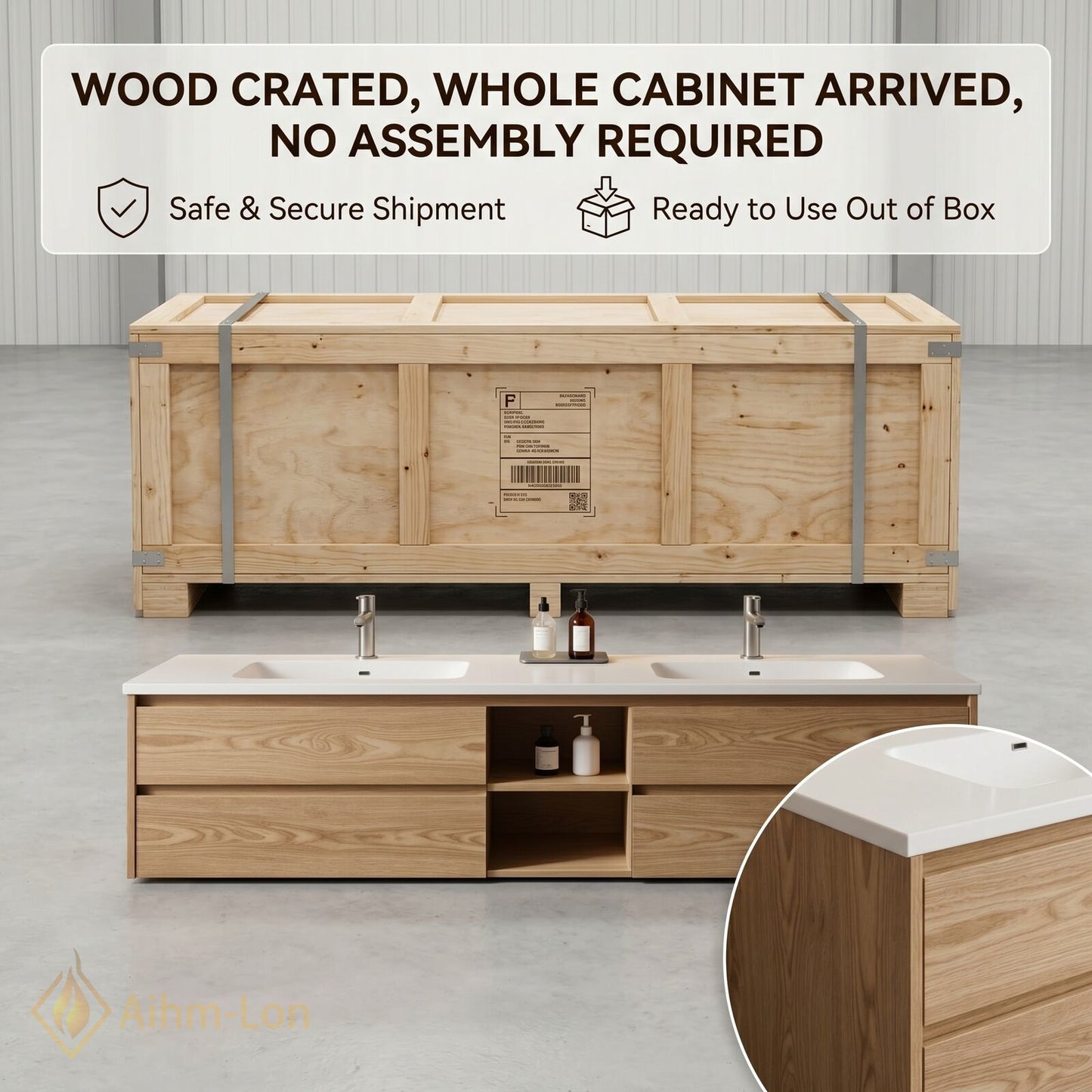 60''-96'' Sleek Bathroom Vanity with Sink Double Sink Wood Grain Central Open Shelf