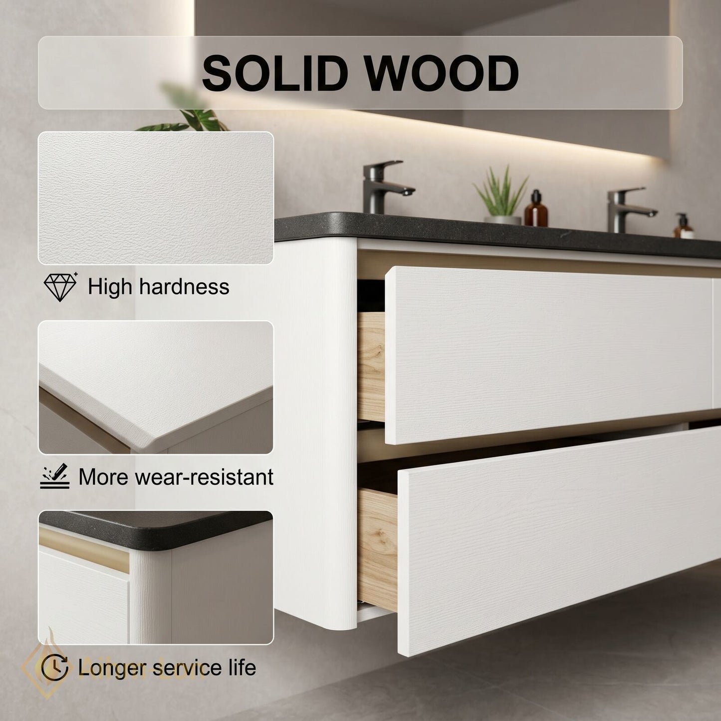 60''-96'' Modern Bathroom Vanity with Sink Double Sink Dark Stone Storage Drawer