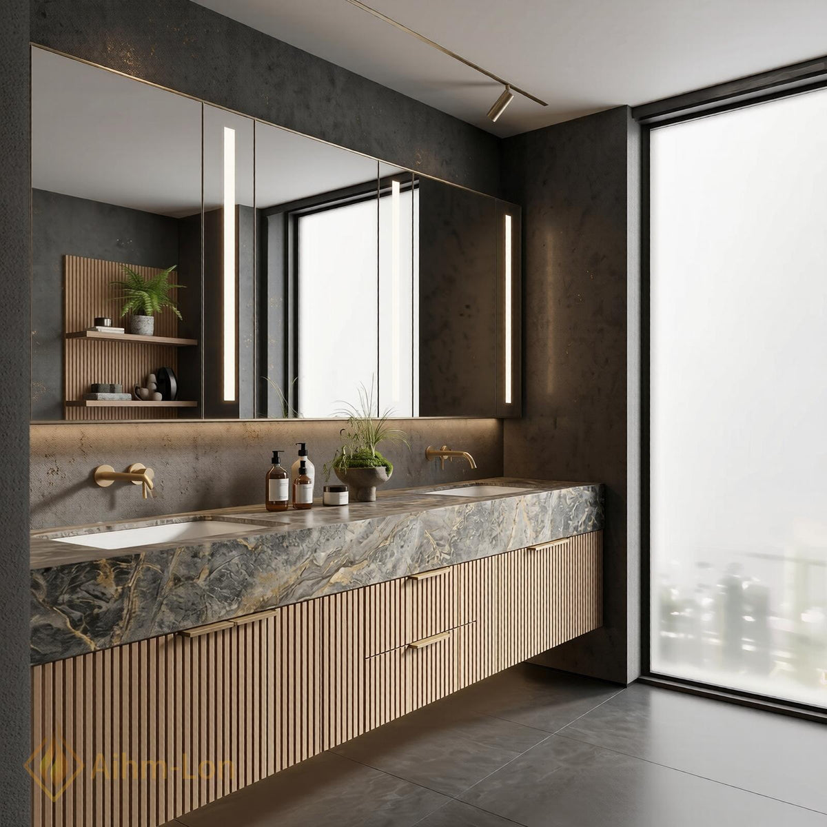 60''-96'' Double Bathroom Vanity with Sink Modern Floating Slatted Wood Front Marble