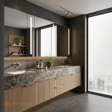 60''-96'' Double Bathroom Vanity with Sink Modern Floating Slatted Wood Front Marble