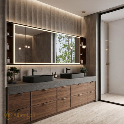 60''-96'' Double Bathroom Vanity with Sink Dark-Wood Modern Basins Vessel Wide