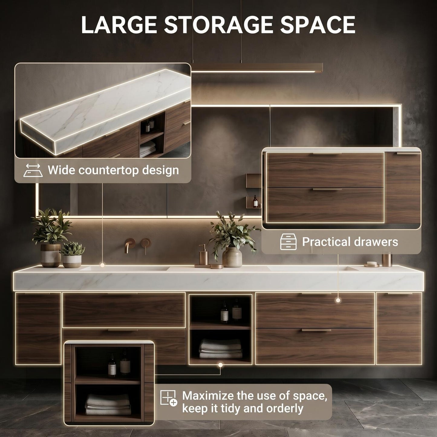 60''-96'' Modern Bathroom Vanity with Sink Double Sink Dark Walnut Slatted Center Panel Cabinet