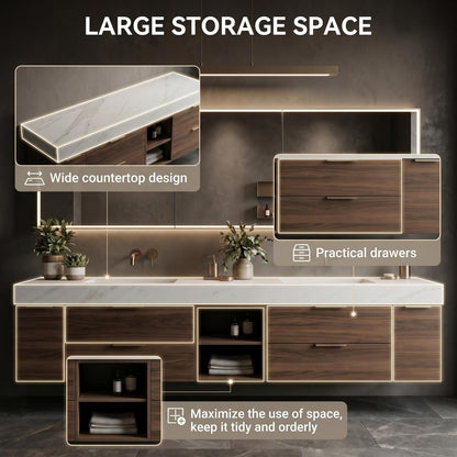 60''-96'' Modern Bathroom Vanity with Sink Double Sink Dark Walnut Slatted Center Panel Cabinet