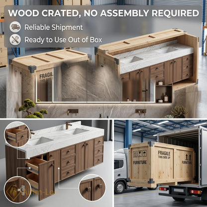 76''-96'' Modern Double Bathroom Vanity with Sink Wall-Mounted Dark Walnut Open Shelving