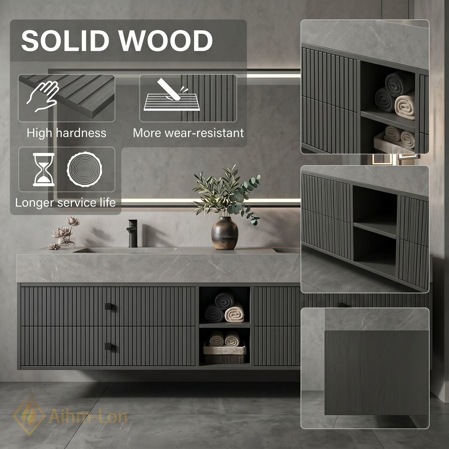 60''-96'' Double Bathroom Vanity with Sink Grey Floating Modern Stone-Top Vertical Grooved