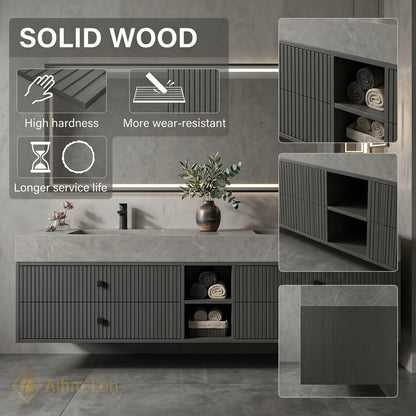 60''-96'' Double Bathroom Vanity with Sink Grey Floating Modern Stone-Top Vertical Grooved