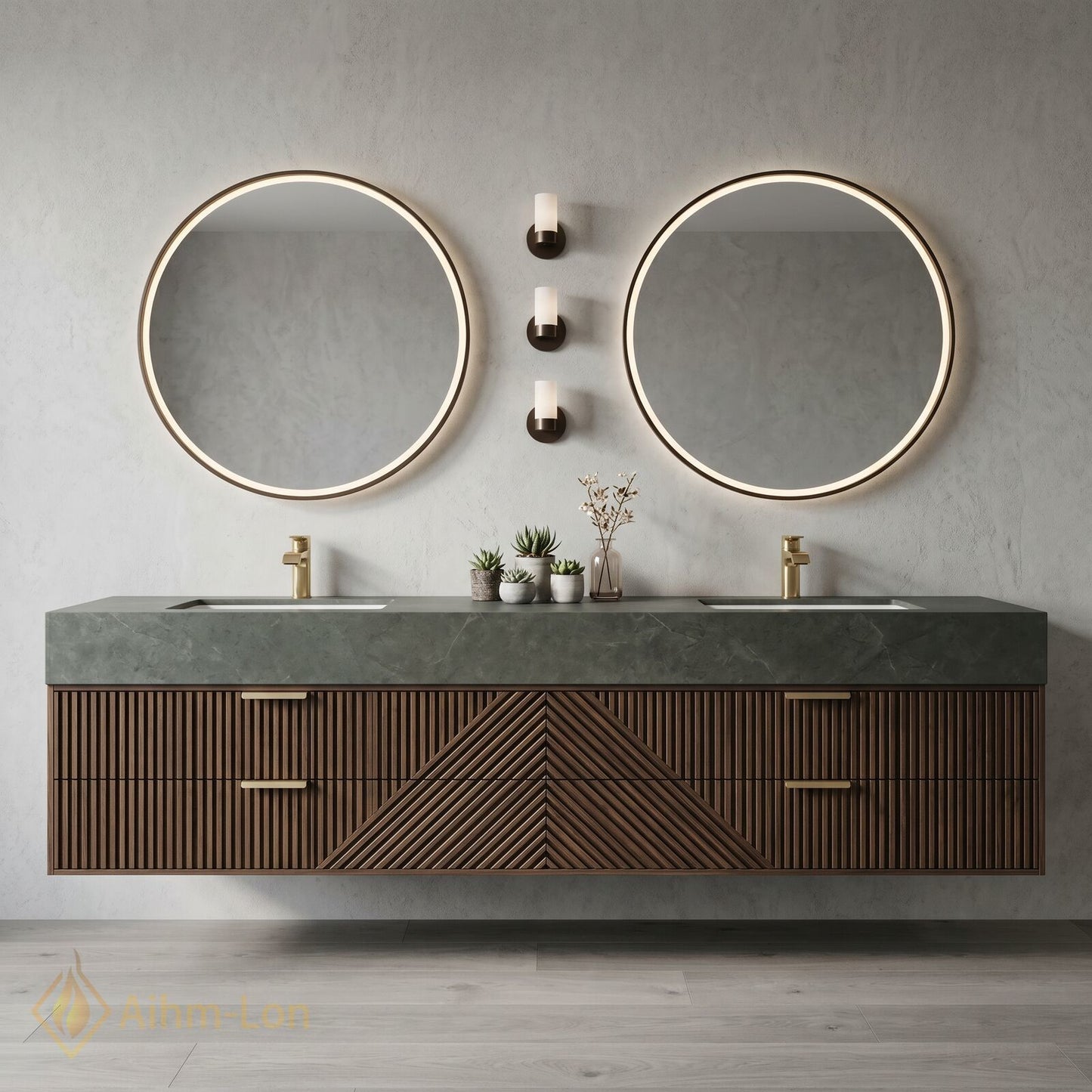 60''-96'' Double Bathroom Vanity with Sink Geometric Wood Panels Floating Design Dual