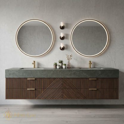 60''-96'' Double Bathroom Vanity with Sink Geometric Wood Panels Floating Design Dual