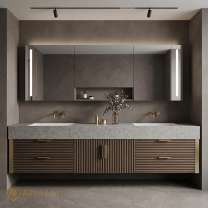 60''-96'' Double Bathroom Vanity with Sink Floating Double Dark Walnut Ribbed Front