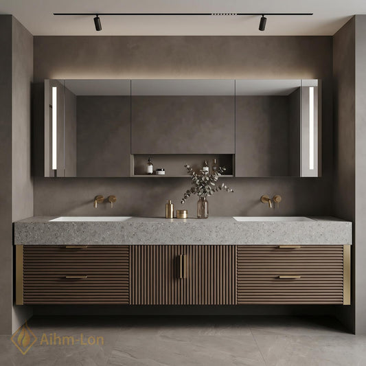 60''-96'' Double Bathroom Vanity with Sink Floating Double Dark Walnut Ribbed Front