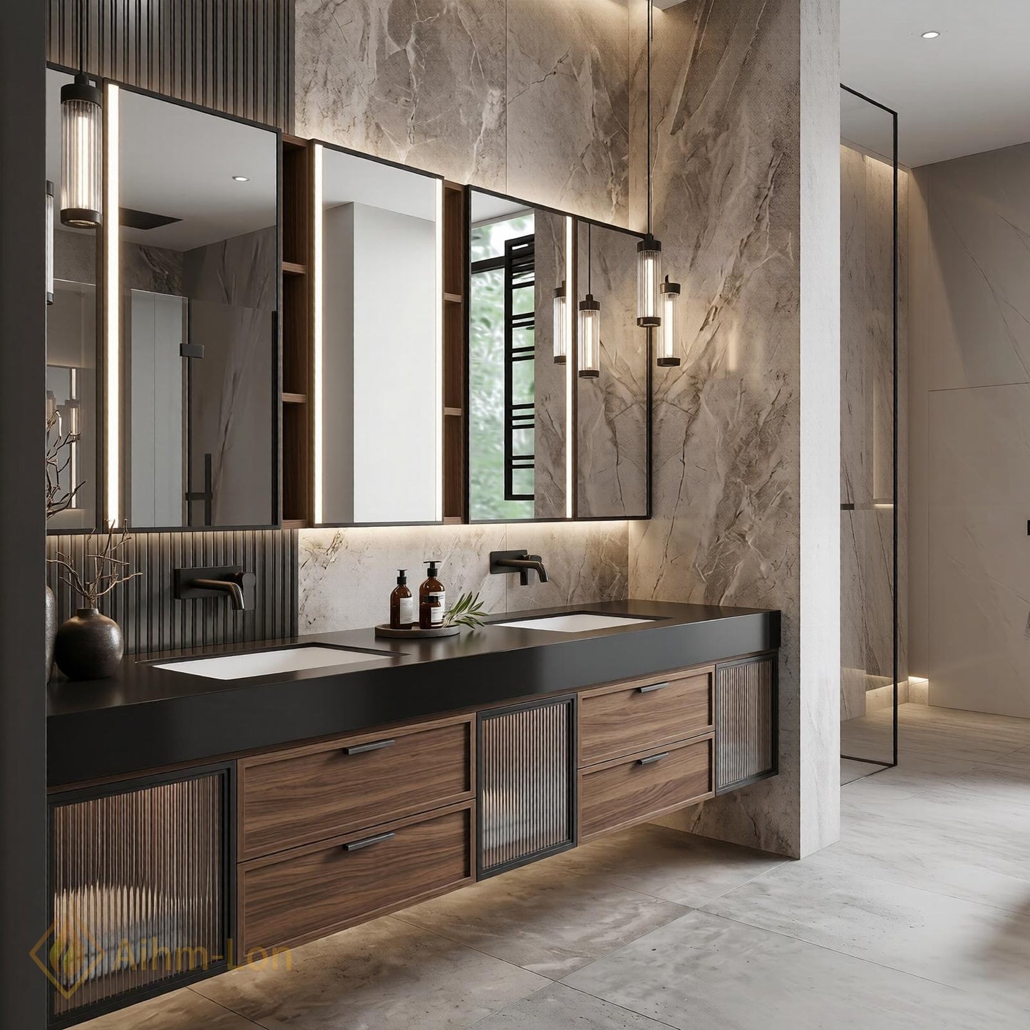 70''-96'' Bathroom Vanity with Sink Modern Floating Dark Walnut Frame Glass-Fronted Storage