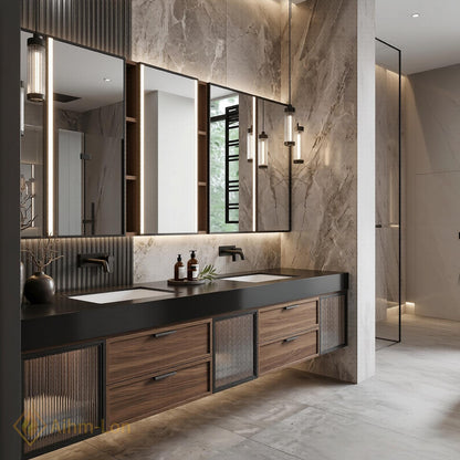 70''-96'' Bathroom Vanity with Sink Modern Floating Dark Walnut Frame Glass-Fronted Storage