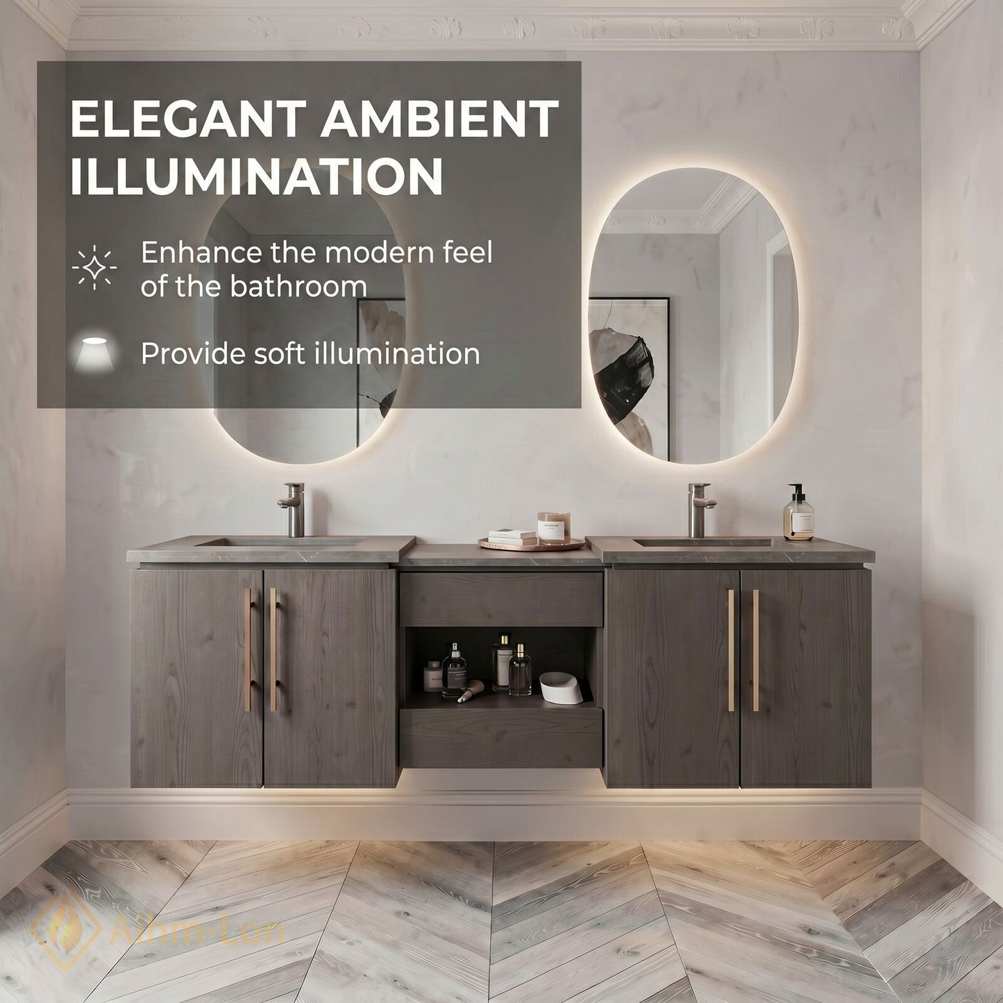 60''-96'' Modern Bathroom Vanity with Sink Wood Grain Oval Mirrors Open Center Storage