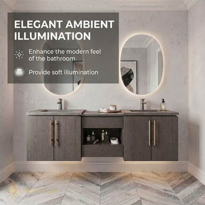 60''-96'' Modern Bathroom Vanity with Sink Wood Grain Oval Mirrors Open Center Storage