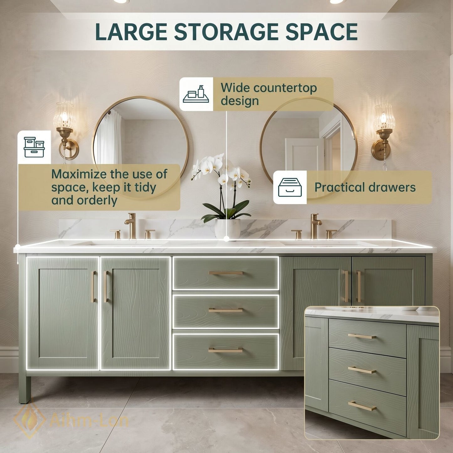 70''-96'' Modern Bathroom Vanity with Sink Wood Grain Shaker Marble Gold Drawers