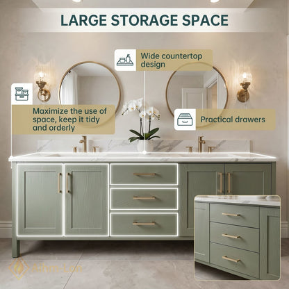 70''-96'' Modern Bathroom Vanity with Sink Wood Grain Shaker Marble Gold Drawers