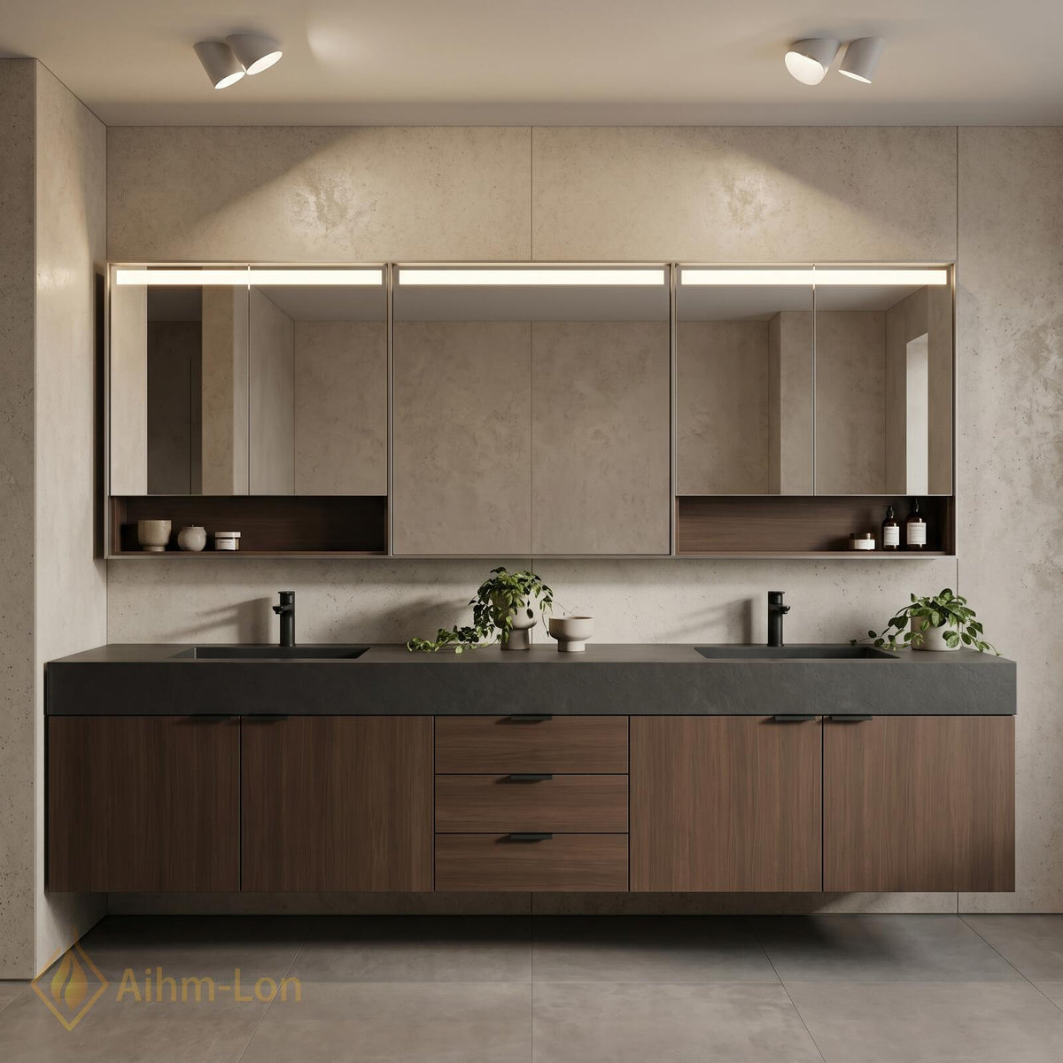 60''-96'' Double Bathroom Vanity with Sink Modern Floating Dark Walnut Grain Drawers