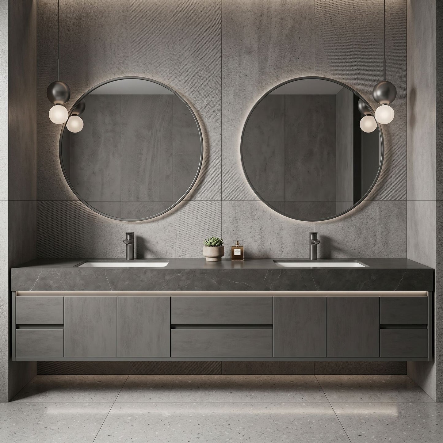 70''-96'' Modern Bathroom Vanity with Sink Dark Stone Grain Floating Storage Drawers