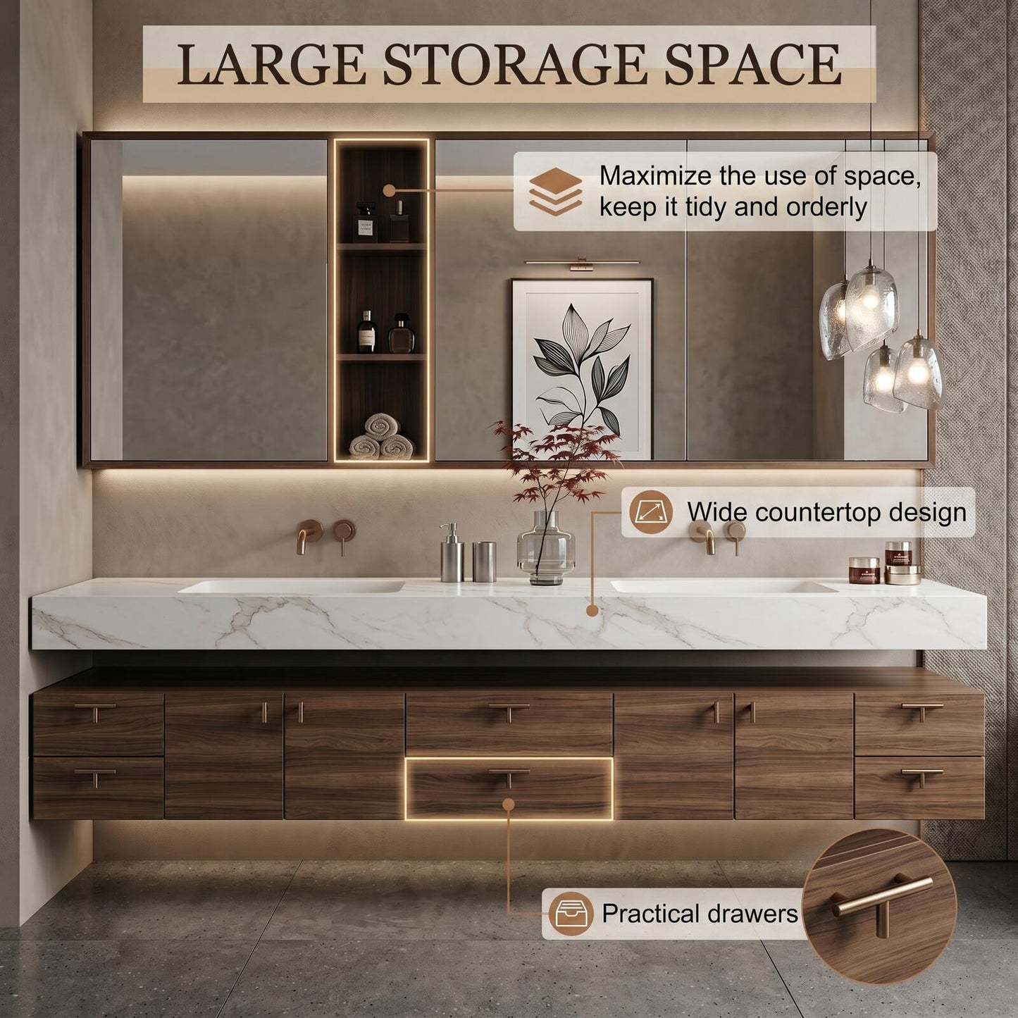 70''-96'' Modern Bathroom Vanity with Sink Floating Dark Walnut Slatted Open Shelving
