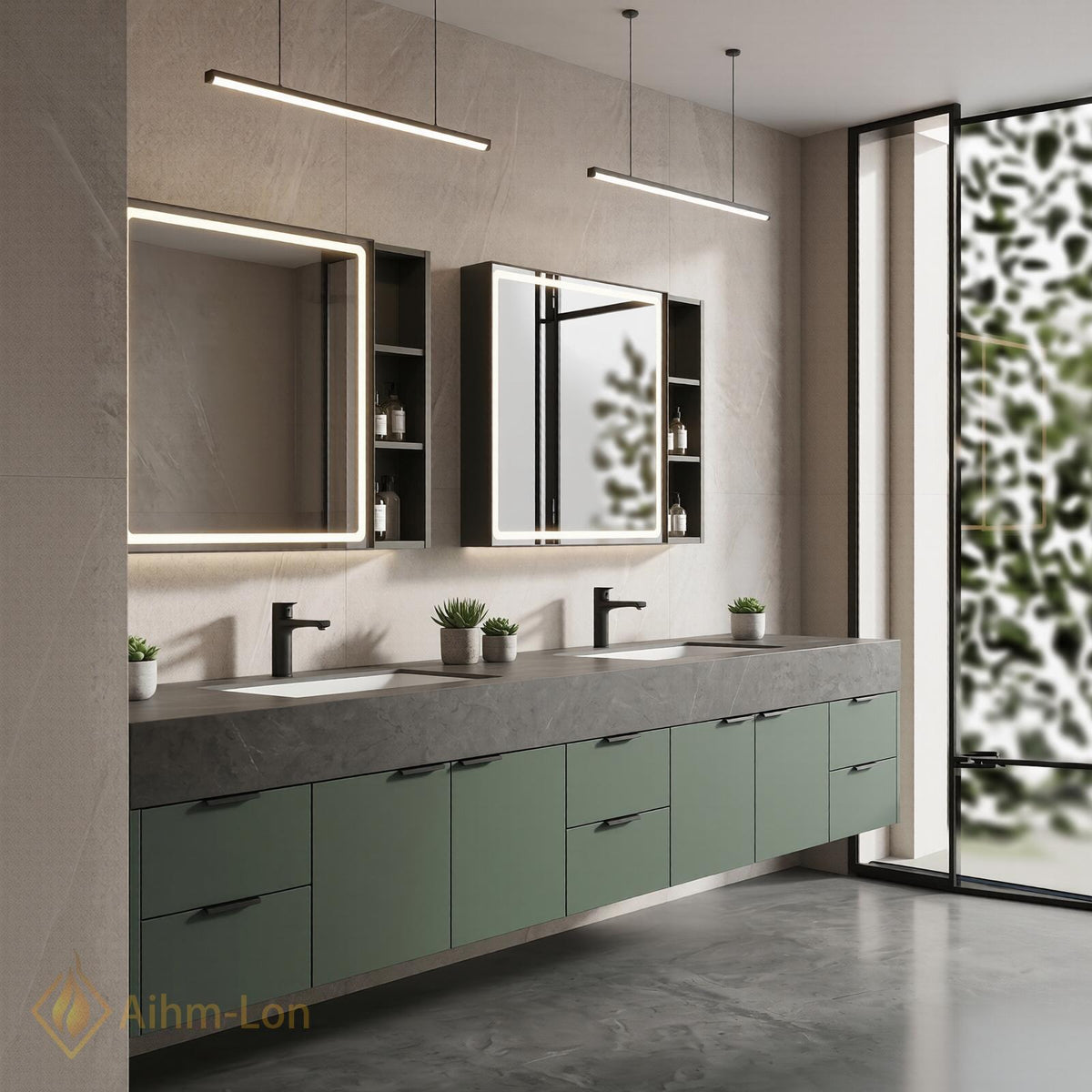 60''-96'' Double Bathroom Vanity with Sink Geometric Tile Front Green Marble Top