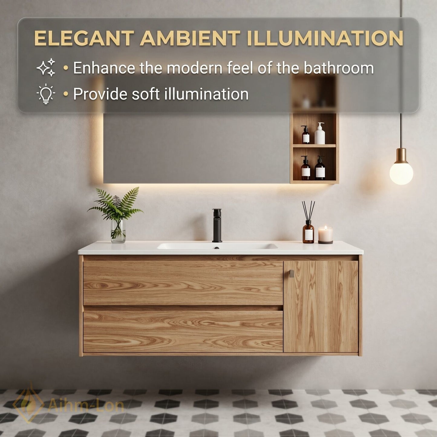 36''-64'' Floating Bathroom Vanity with Sink Warm Wood Grain White Integrated Mirror