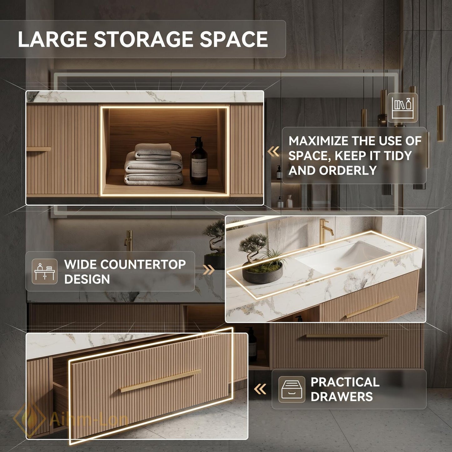 60''-96'' Double Bathroom Vanity with Sink Wood Modern Floating Open Panel Shelving