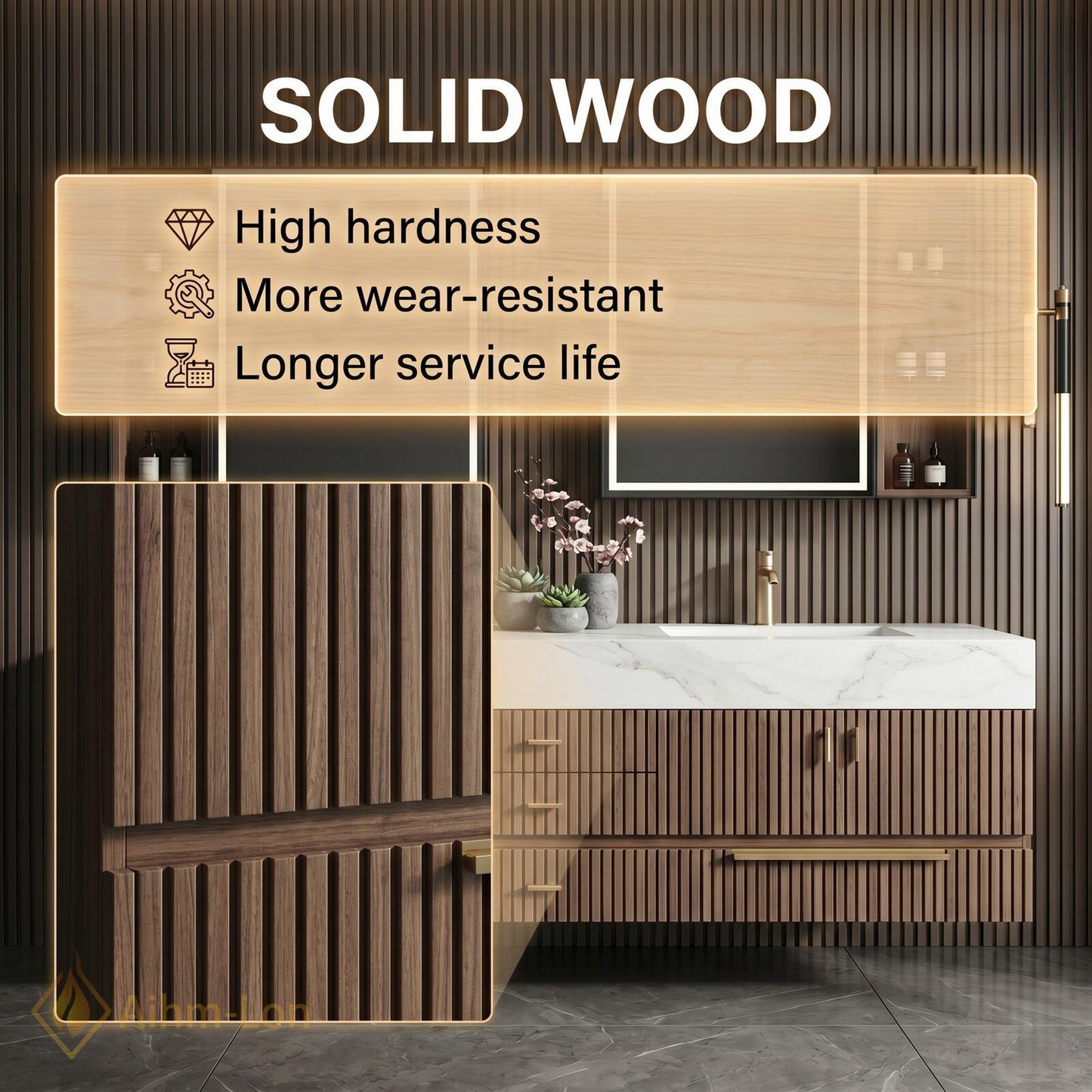 72''-96'' Double Bathroom Vanity with Sink White Modern Floating Basin Slatted Marble