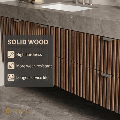 60''-96'' Double Bathroom Vanity with Sink Modern Slatted Wood Panels Stone-Like Countertop
