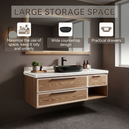 36''-64'' Modern Bathroom Vanity with Sink Marble Oak Floating Wood Grain Drawers