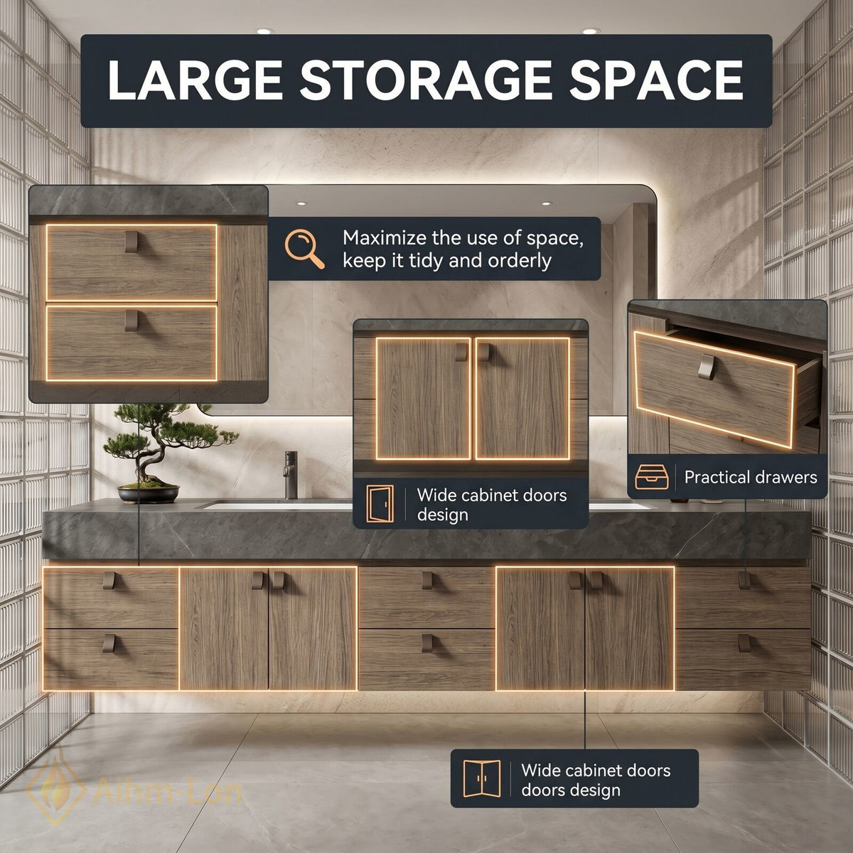 72''-96'' Double Bathroom Vanity with Sink Natural Wood Grain Wide Countertop Storage