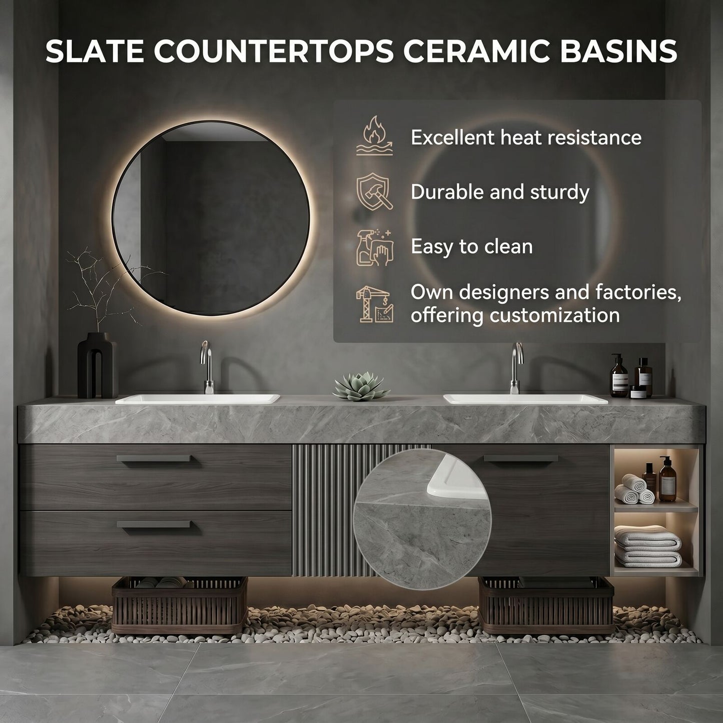 60''-96'' Double Bathroom Vanity with Sink Stone Grain Top Fluted Groove Door Shelving