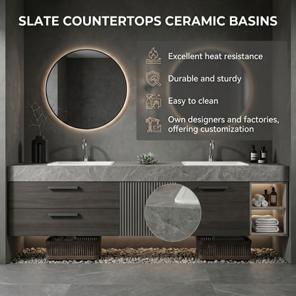 60''-96'' Double Bathroom Vanity with Sink Stone Grain Top Fluted Groove Door Shelving
