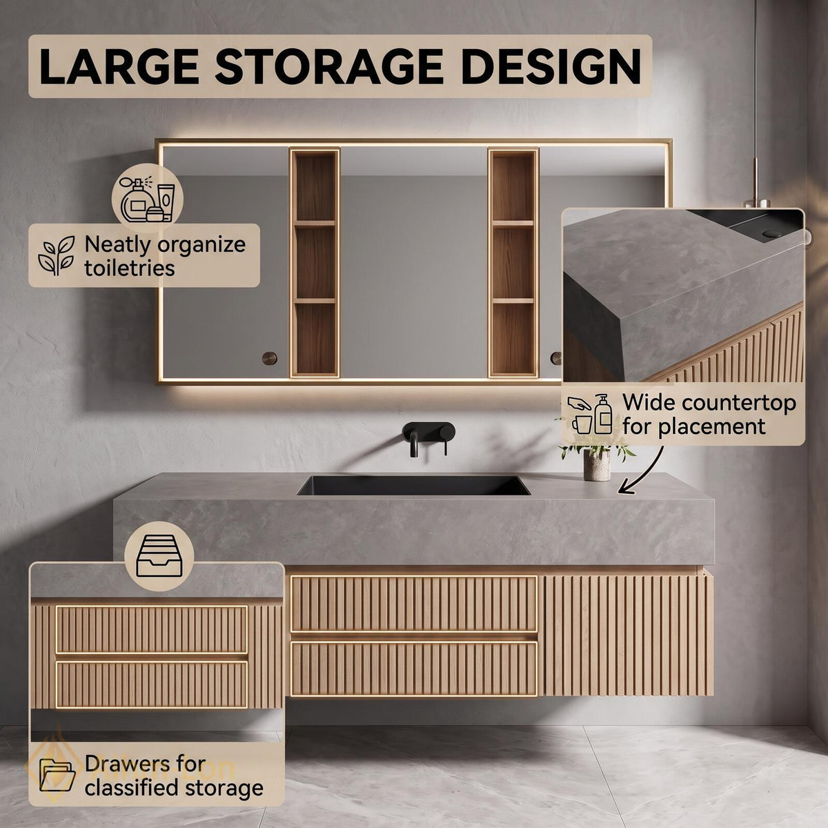 36''-110'' Double Bathroom Vanity with Sink Floating Slatted Front Grey Stone Top