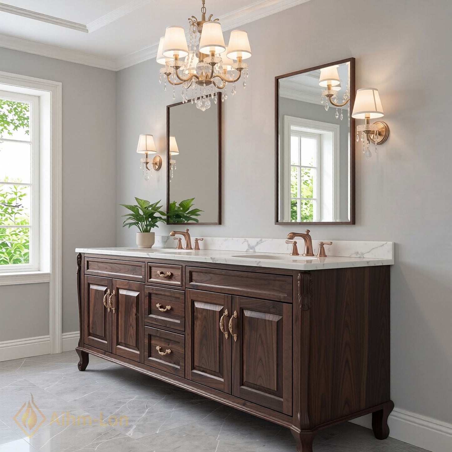 60''-96'' Classic Bathroom Vanity with Sink Dark Wood Carved Marble Brass Drawers