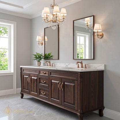 60''-96'' Classic Bathroom Vanity with Sink Dark Wood Carved Marble Brass Drawers