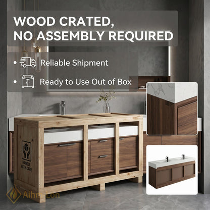 70''-96'' Modern Double Bathroom Vanity with Sink Floating Warm Walnut Open Shelving