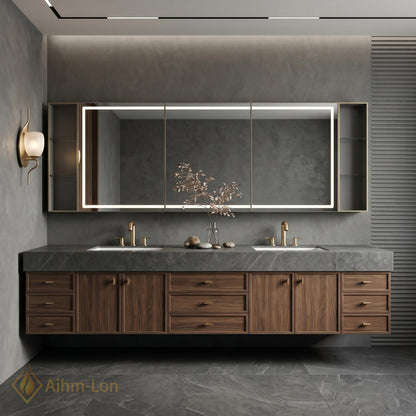 60''-96'' Double Bathroom Vanity with Sink Slatted Panel Finish Marble Top