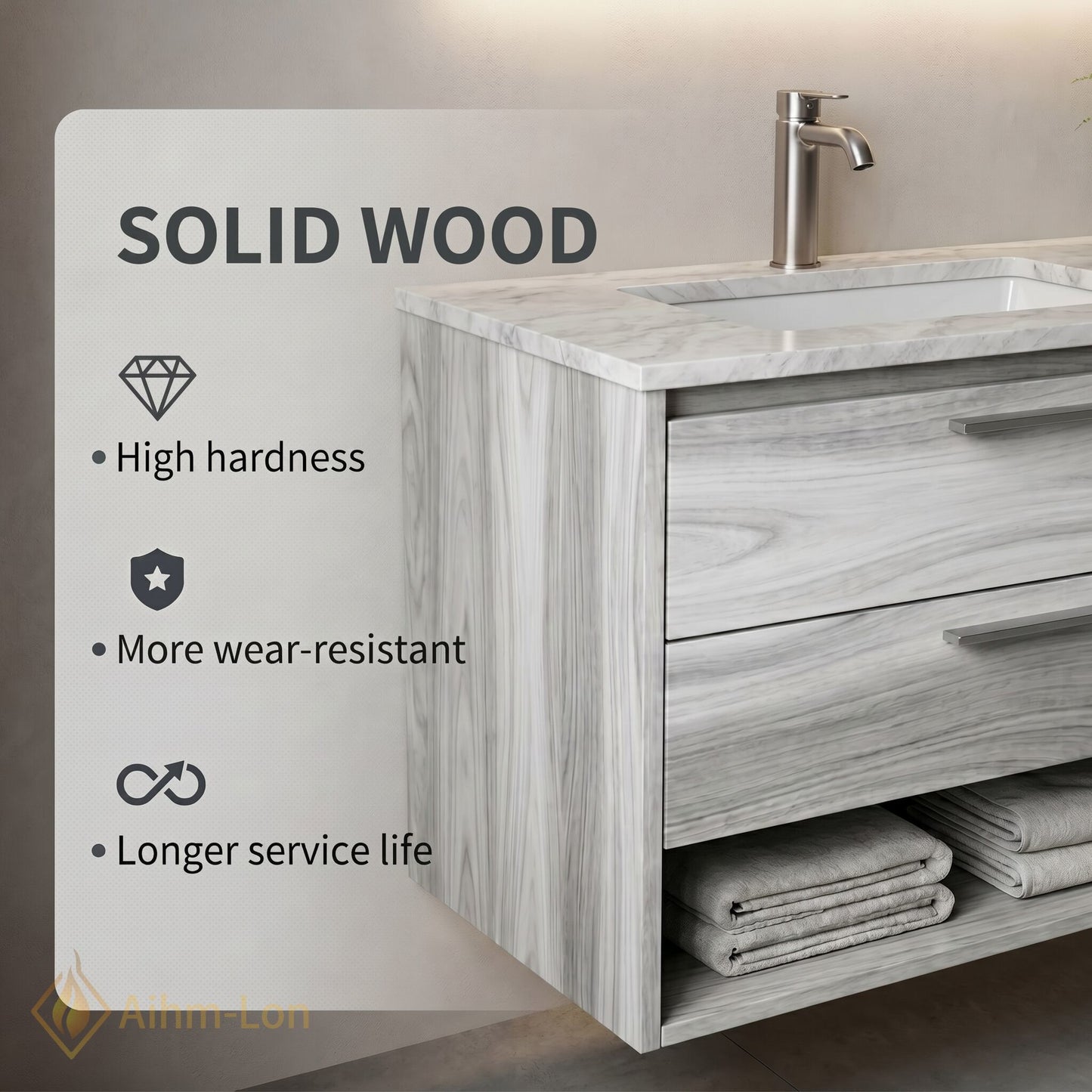 60''-96'' Double Bathroom Vanity with Sink Marble-Like Wood Grain Recessed Basins Mirror