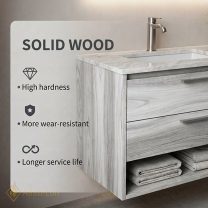 60''-96'' Double Bathroom Vanity with Sink Marble-Like Wood Grain Recessed Basins Mirror