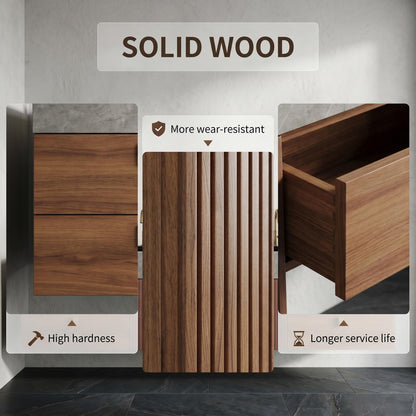 60''-96'' Modern Bathroom Vanity with Sink Double Sink Slatted Warm Walnut Side Shelving Cabinet
