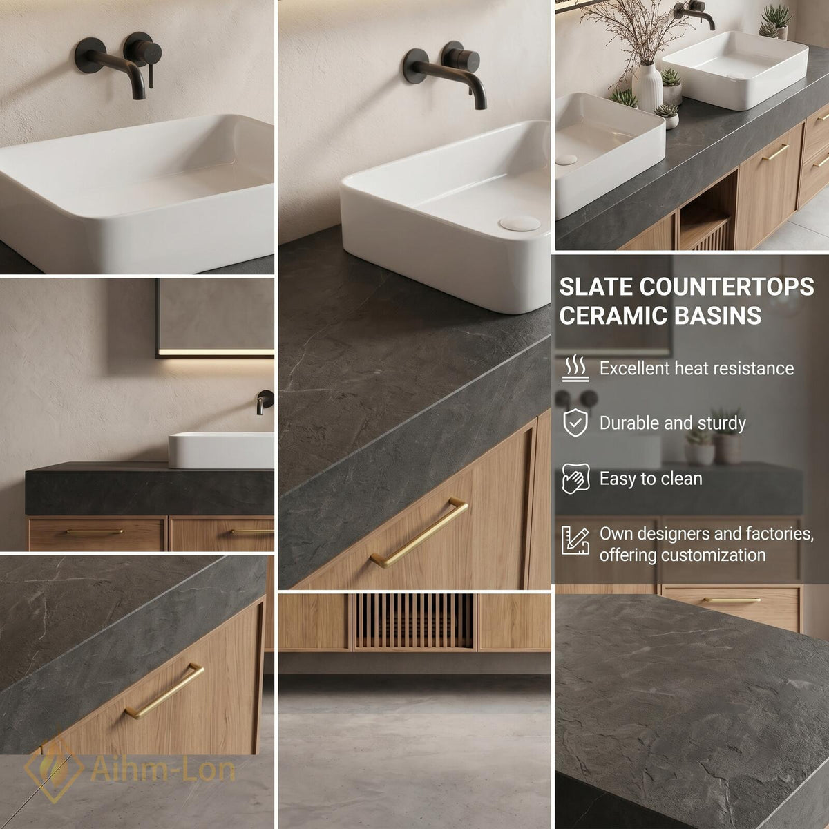 60''-96'' Double Bathroom Vanity with Sink Dark Stone Top Slatted Center Shelving