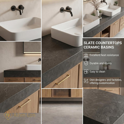 60''-96'' Double Bathroom Vanity with Sink Dark Stone Top Slatted Center Shelving