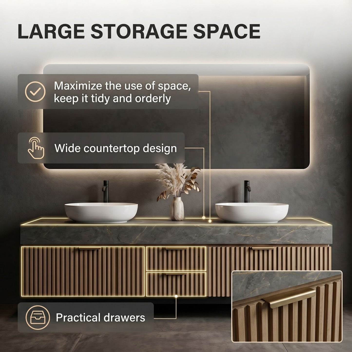 60''-96'' Modern Bathroom Vanity with Sink Double Sink Grey Marble Wooden Slatted Drawers