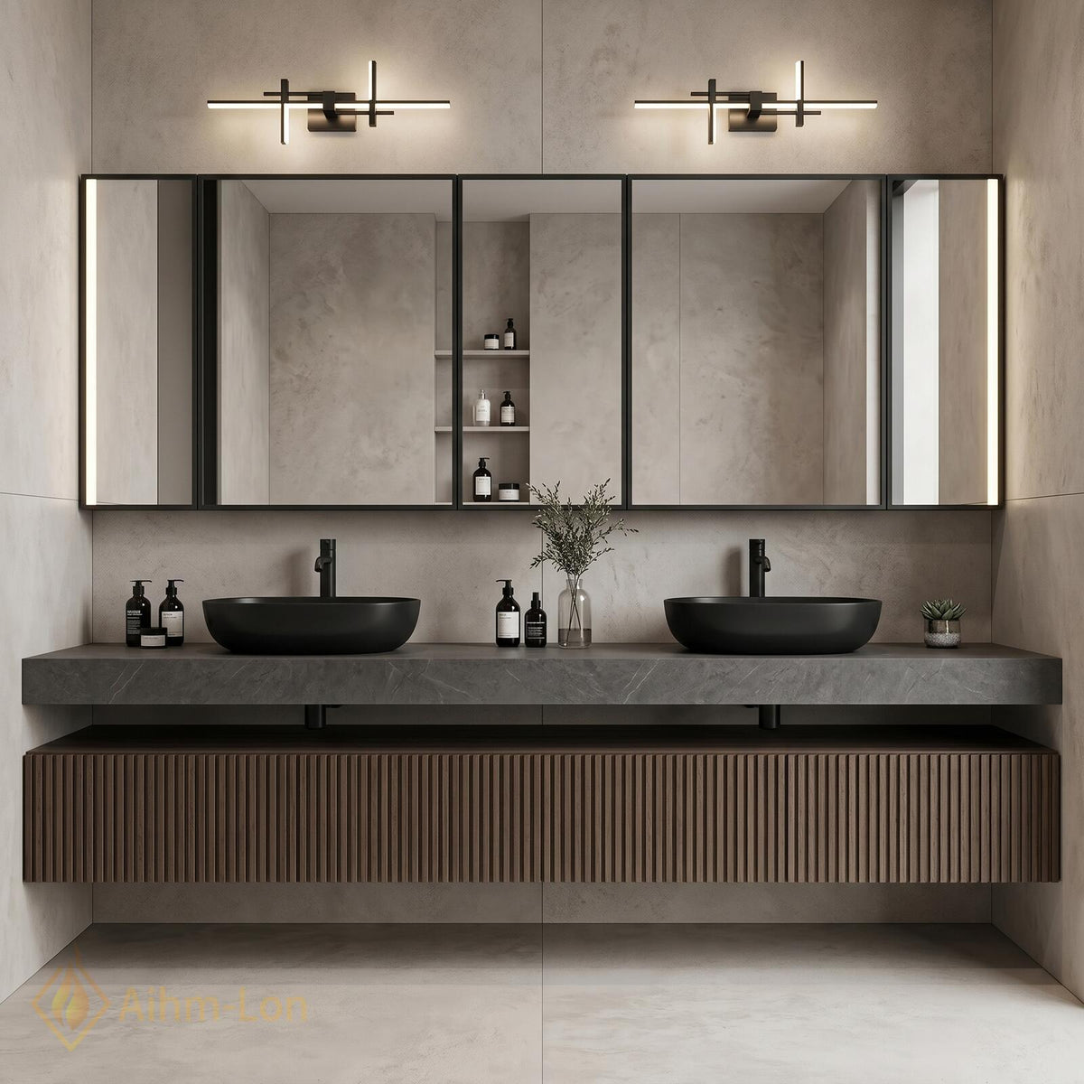 60''-96'' Double Bathroom Vanity with Sink Dark Walnut Slatted Center Panel Modern
