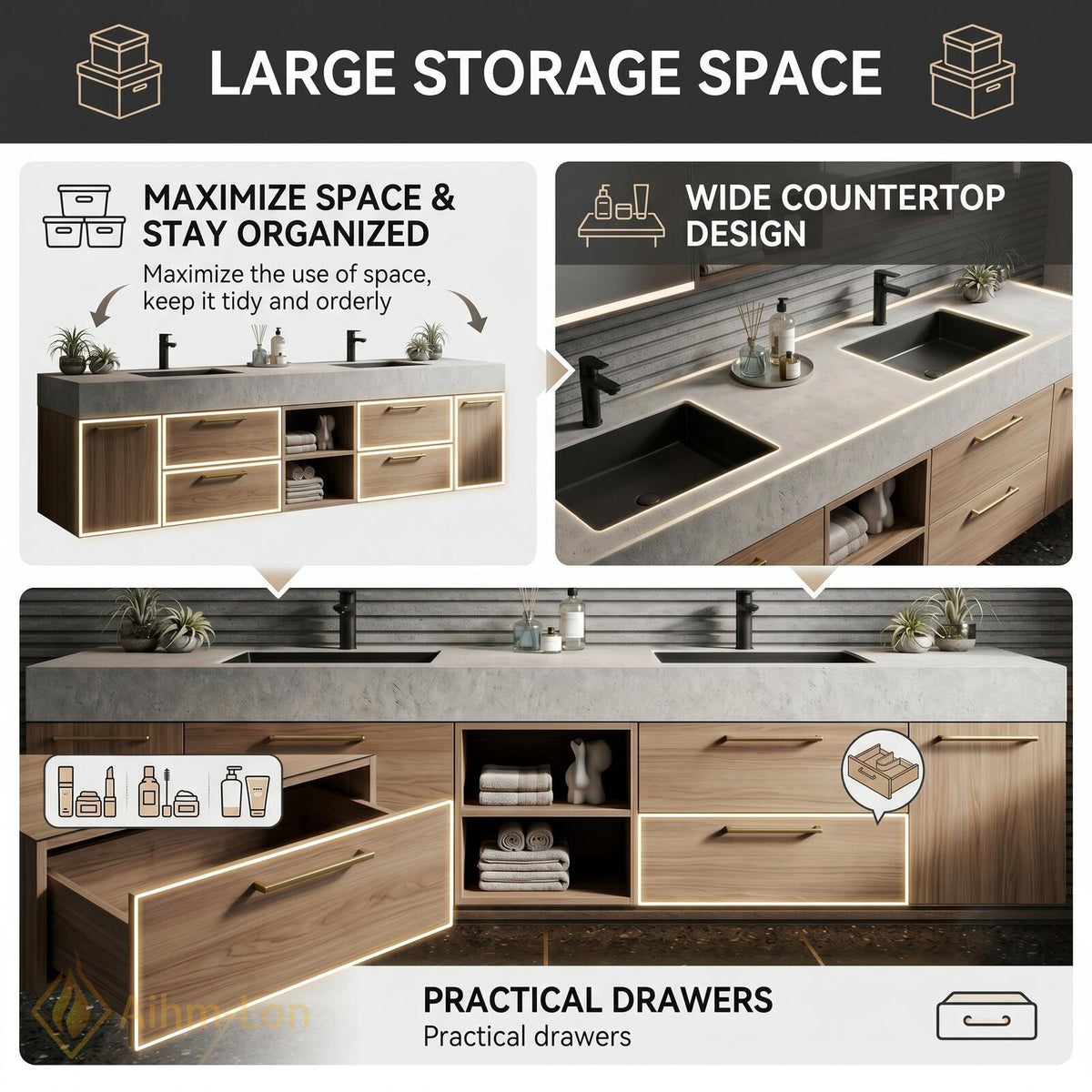 60''-96'' Double Bathroom Vanity with Sink Textured Stone Top Wood Finish Drawers