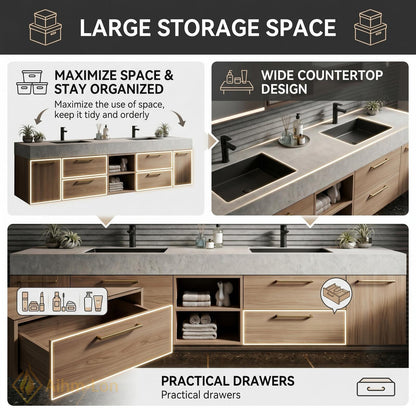 60''-96'' Double Bathroom Vanity with Sink Textured Stone Top Wood Finish Drawers