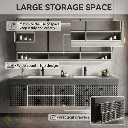 60''-96'' Double Bathroom Vanity with Sink Modern Floating Geometric Facade Dark Stone